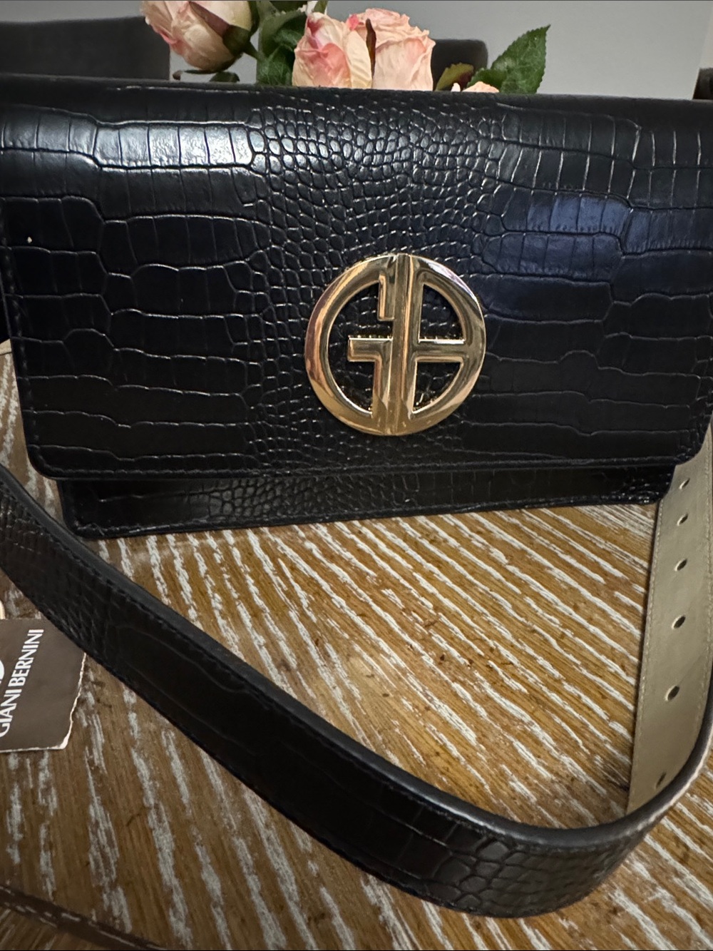 Gianni Bernini Black Croc-Embossed Belt Wallet with Gold Accent